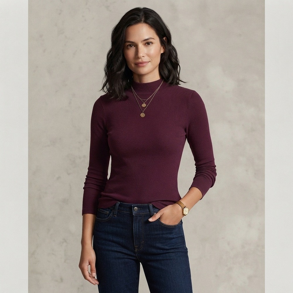 Banana Republic Mockneck Ribbed Top Long Sleeve Wine Burgundy XL